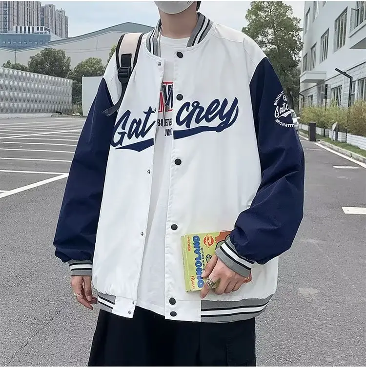 Men Bomber Jacket White Navy "Alkane" Embroidery — feature 9