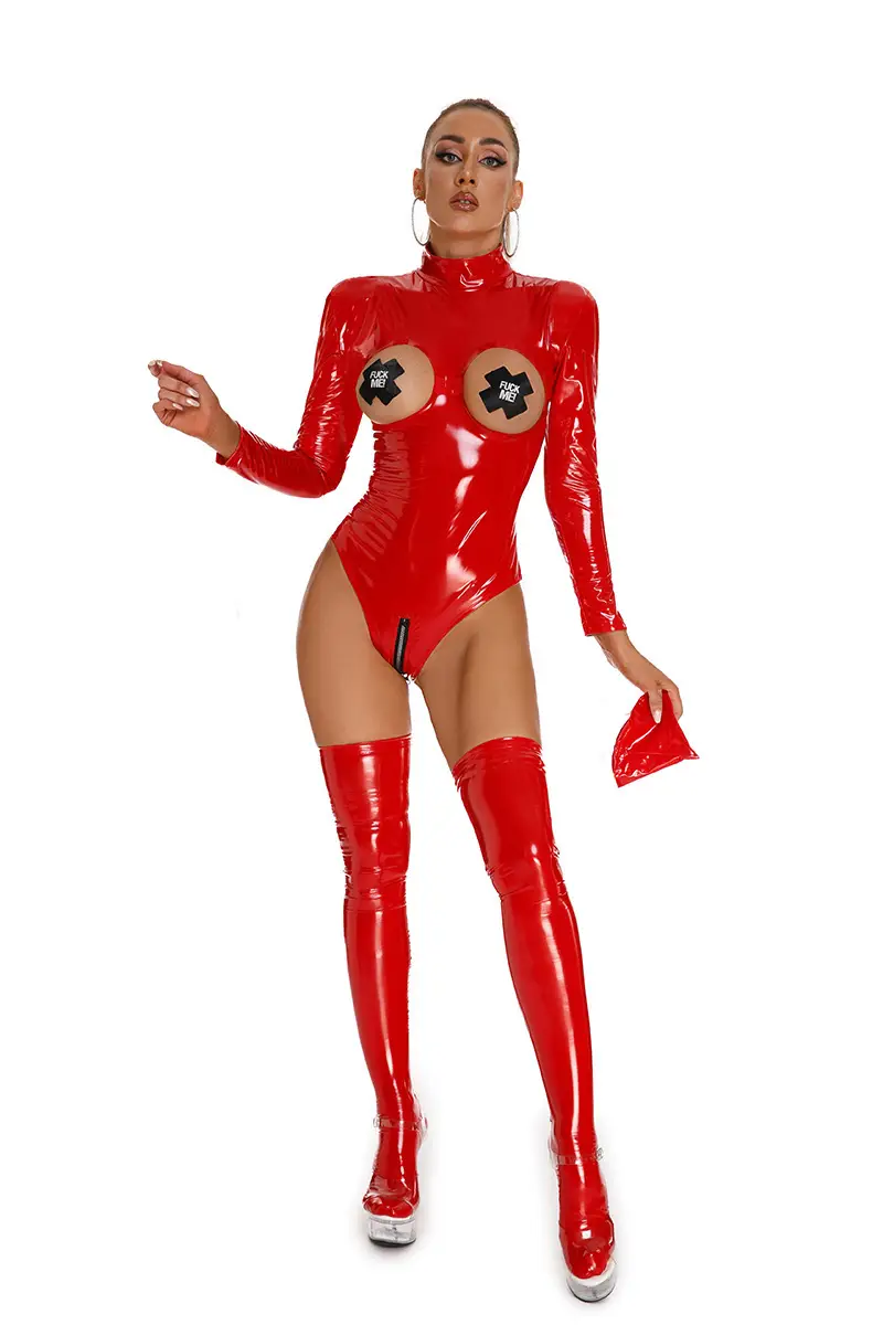 Punk Crotchless Patent Leather Breast Revealing Bondage Bodysuit - Image 2