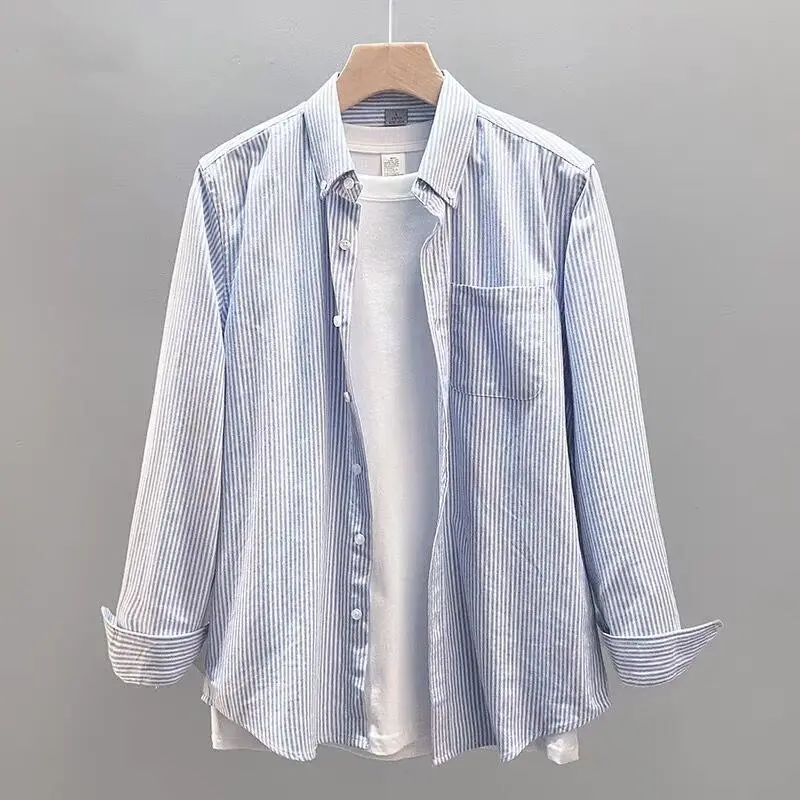 Long Sleeve Men's Striped Oxford Shirt Blue White