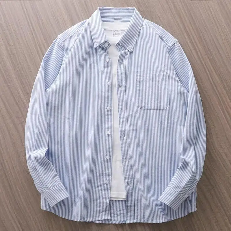 Long Sleeve Men's Striped Oxford Shirt Blue White