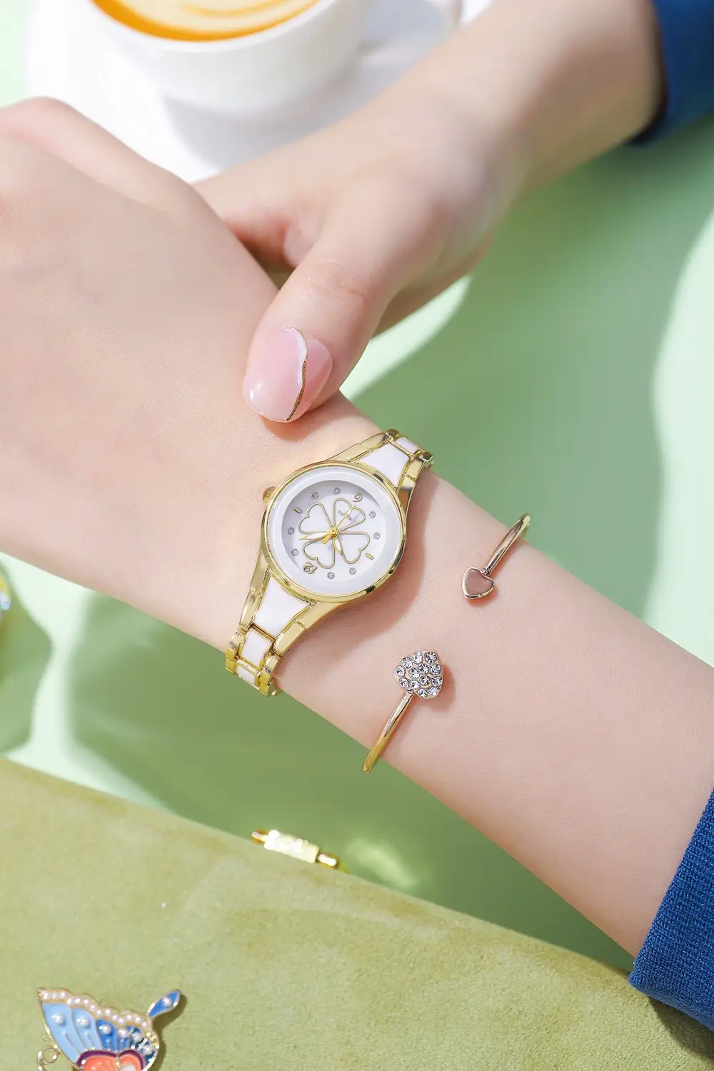 Women's Rhinestone Watch Gold White Steel Strap — feature 8