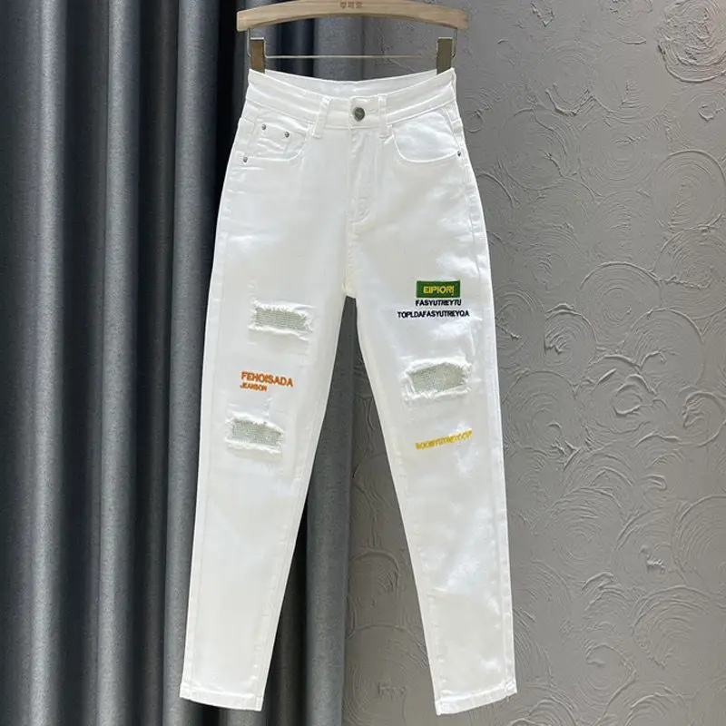 White Letter Embroidered Ripped Jeans Women High Waist Slimming Cropped - Image 2