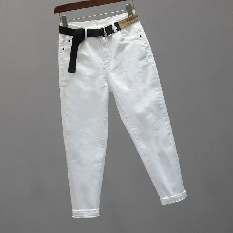 White Letter Embroidered Ripped Jeans Women High Waist Slimming Cropped - Image 5
