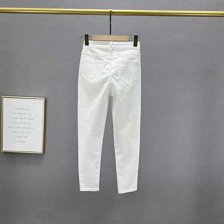 White Letter Embroidered Ripped Jeans Women High Waist Slimming Cropped - Image 6