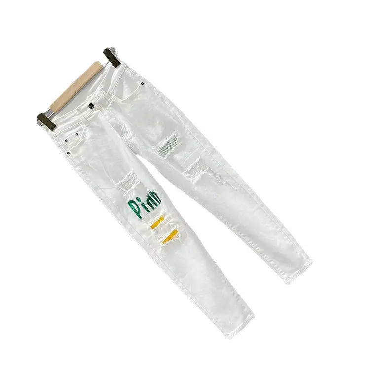 White Letter Embroidered Ripped Jeans Women High Waist Slimming Cropped - Image 7