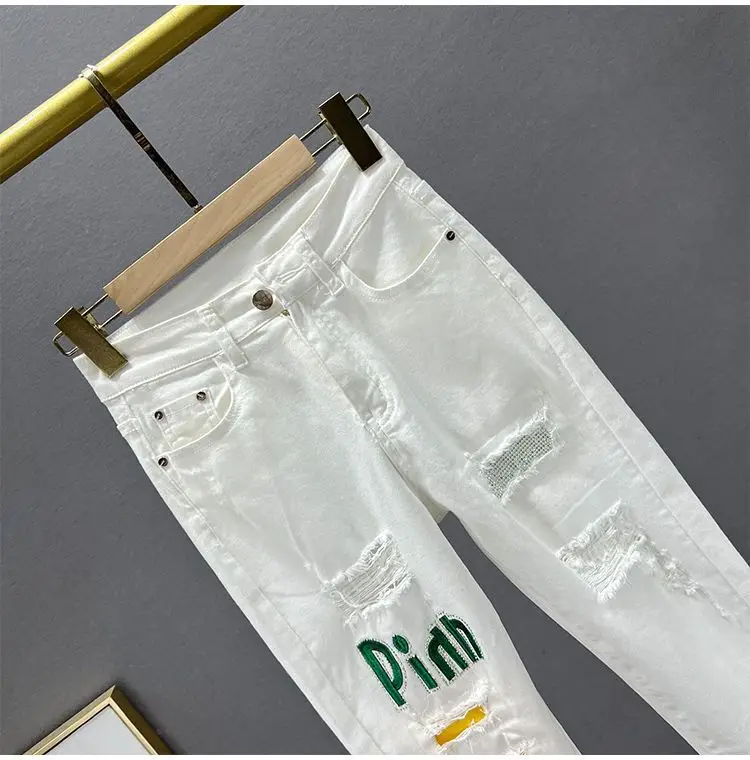 White Letter Embroidered Ripped Jeans Women High Waist Slimming Cropped — feature 13