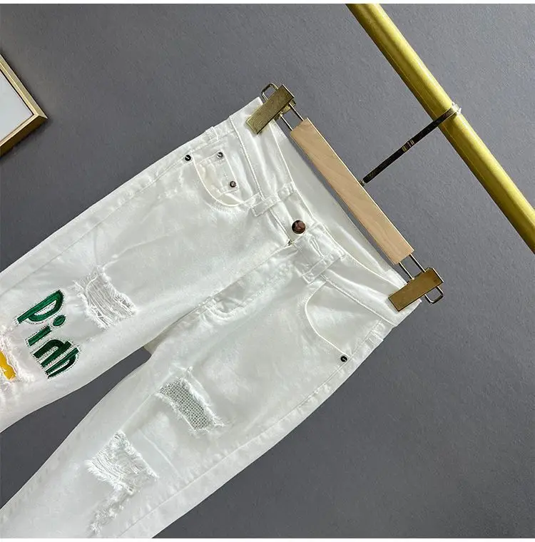 White Letter Embroidered Ripped Jeans Women High Waist Slimming Cropped — feature 14