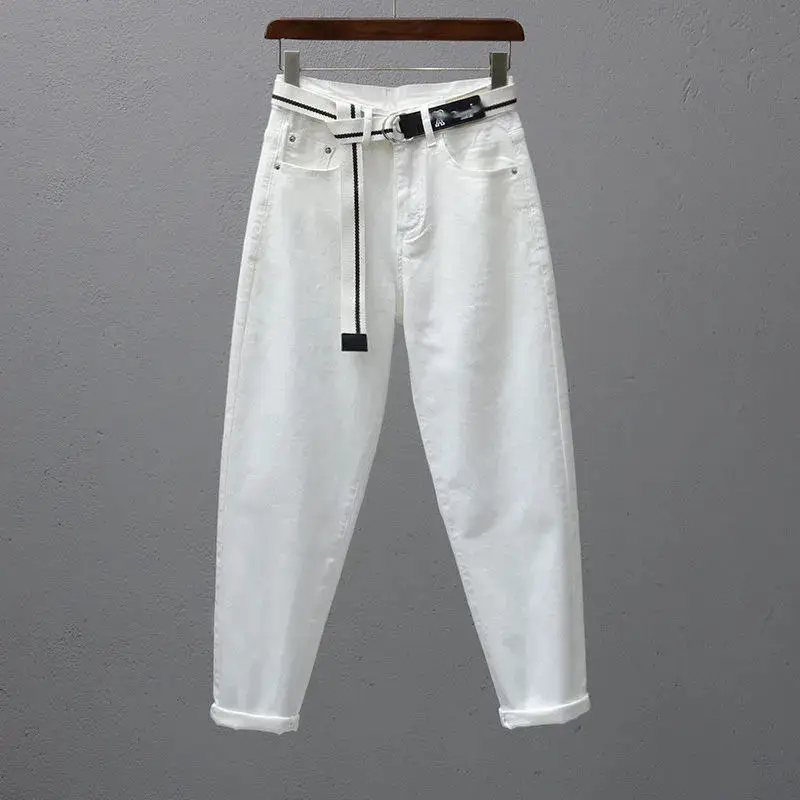 White Letter Embroidered Ripped Jeans Women High Waist Slimming Cropped — feature 23