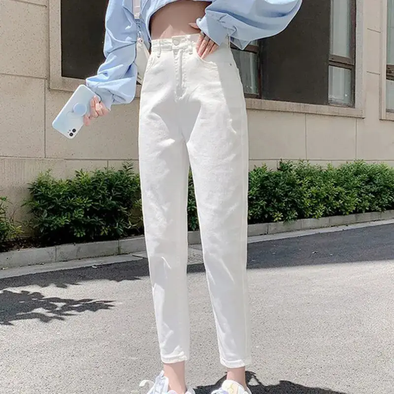 White Letter Embroidered Ripped Jeans Women High Waist Slimming Cropped — feature 4