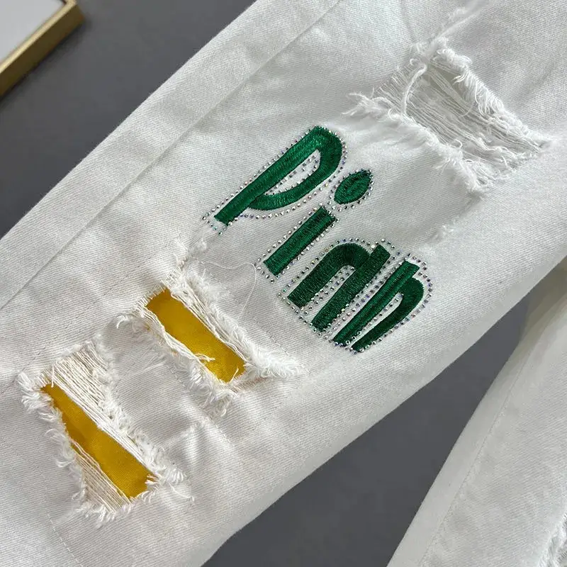 White Letter Embroidered Ripped Jeans Women High Waist Slimming Cropped — feature 6