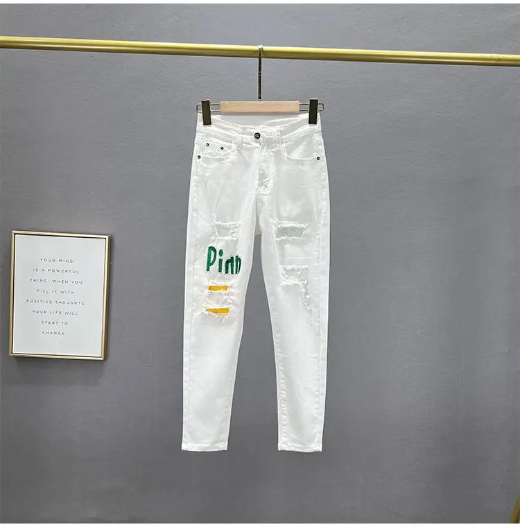 White Letter Embroidered Ripped Jeans Women High Waist Slimming Cropped — feature 7