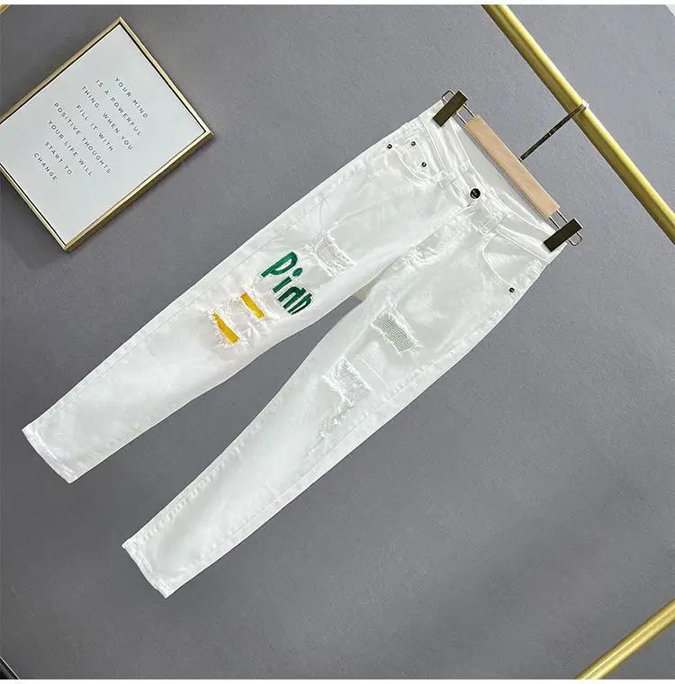 White Letter Embroidered Ripped Jeans Women High Waist Slimming Cropped — feature 9
