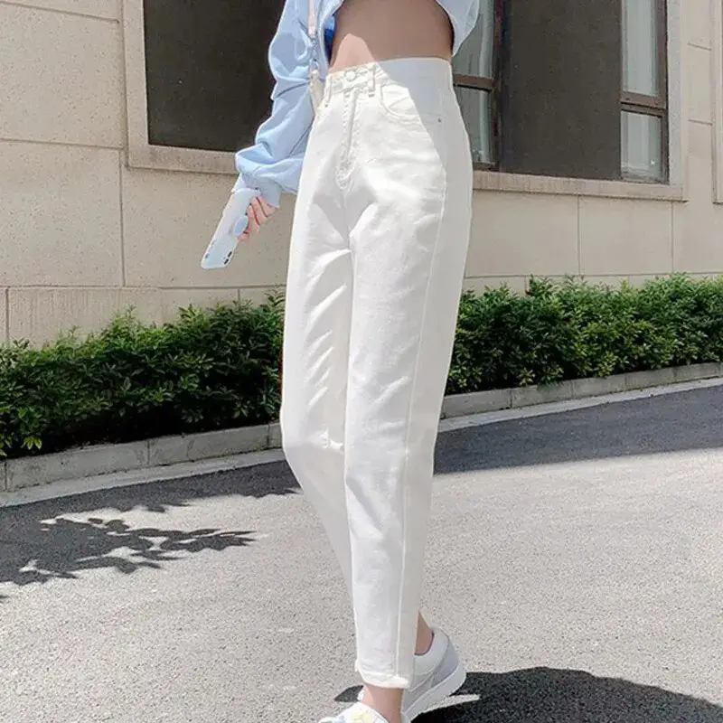 White Letter Embroidered Ripped Jeans Women High Waist Slimming Cropped - Image 3