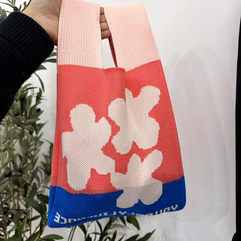 Women's Red Blue Knitted Tote Bag Large Capacity - Image 3