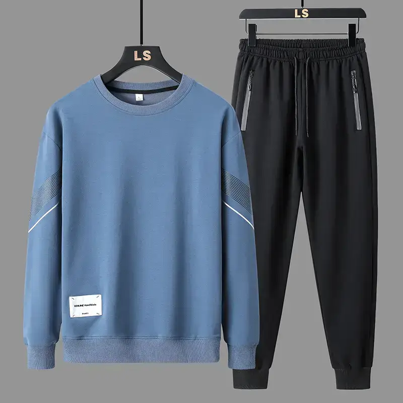 Men LS Casual Sweatshirt Set Blue Black Loose Fit
