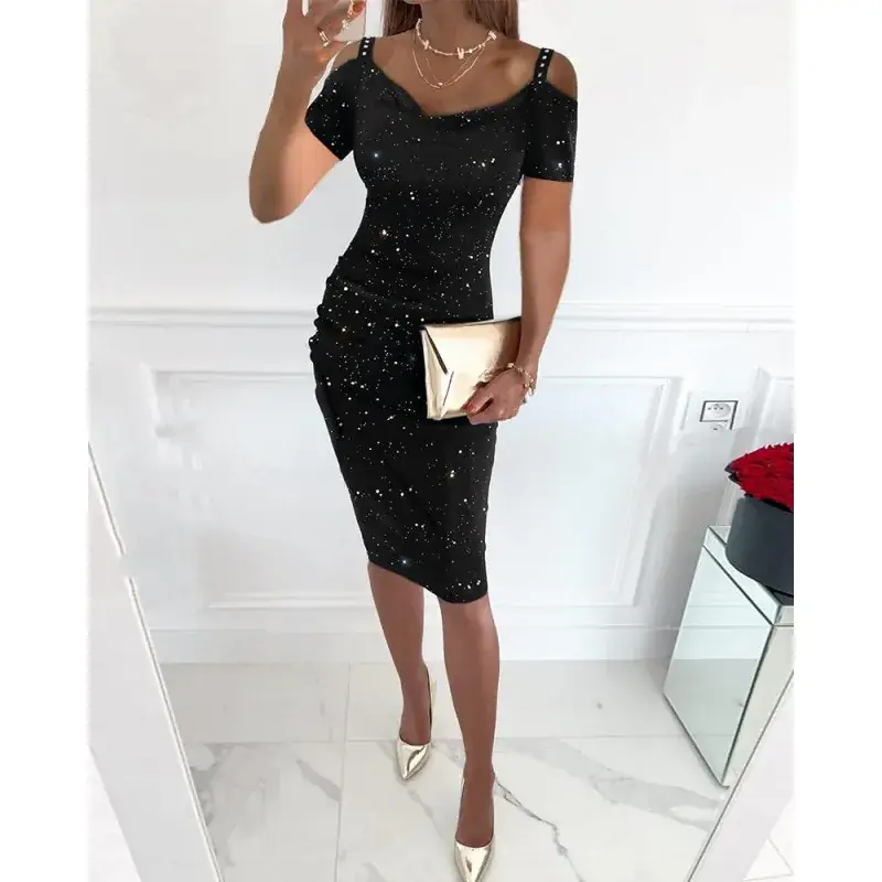 Bright Pink Off-Shoulder Diamond Strap Dress for Women - Image 7