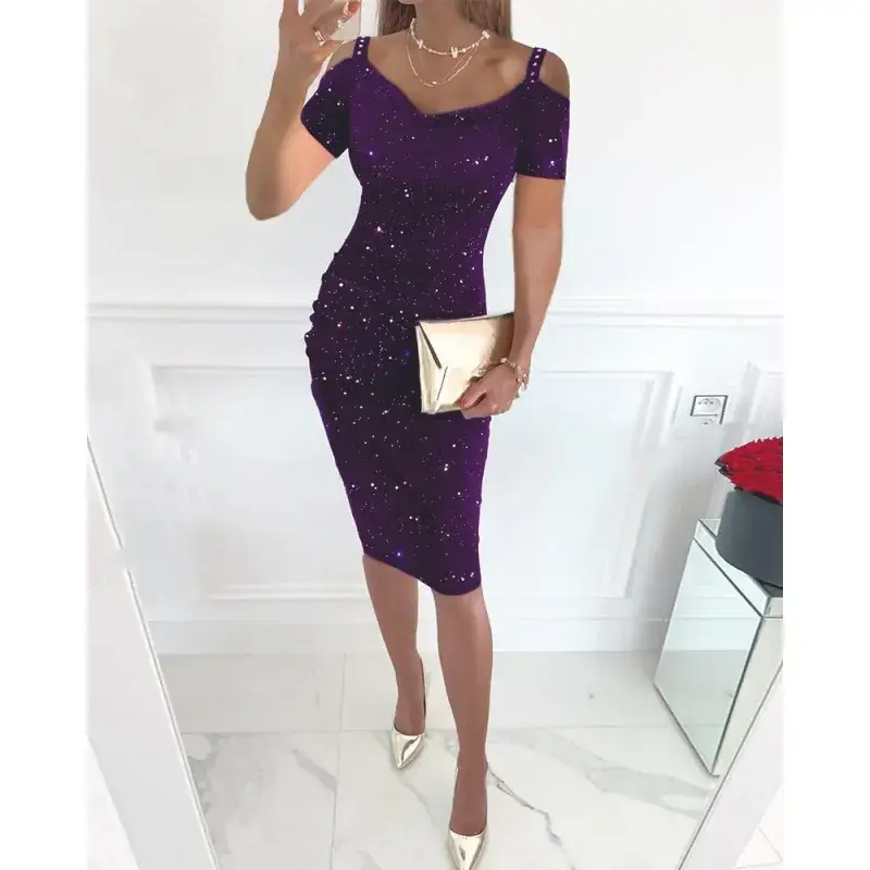 Bright Pink Off-Shoulder Diamond Strap Dress for Women - Image 9