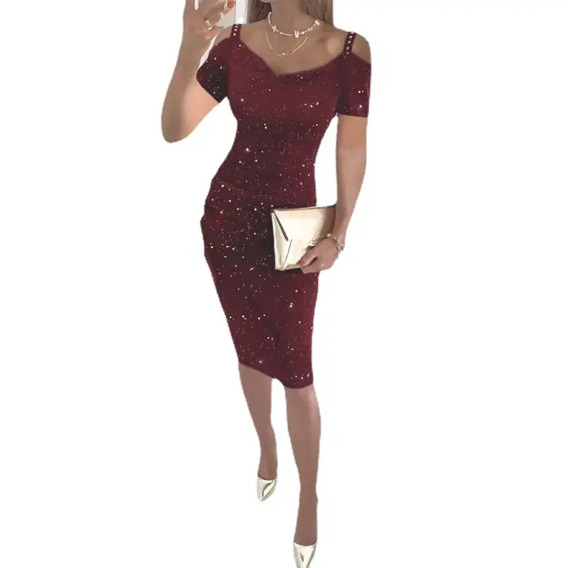 Bright Pink Off-Shoulder Diamond Strap Dress for Women - Image 10