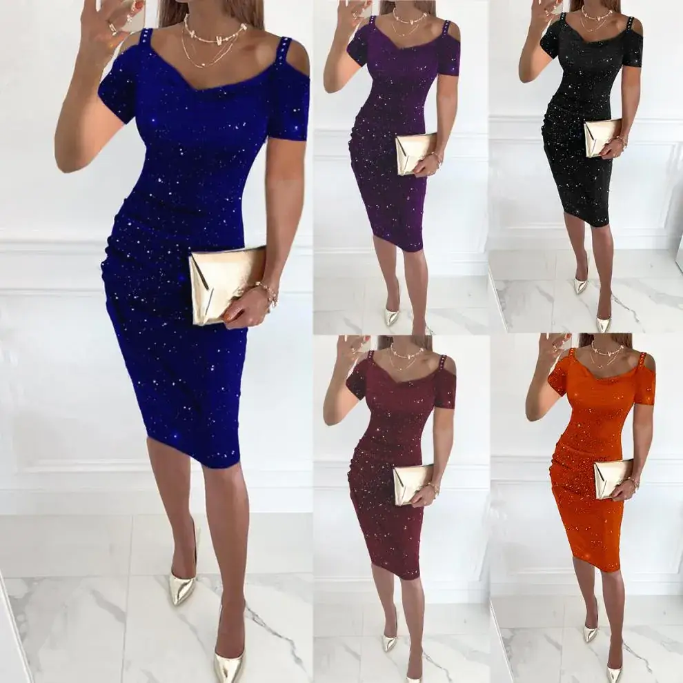 Bright Pink Off-Shoulder Diamond Strap Dress for Women — feature 2