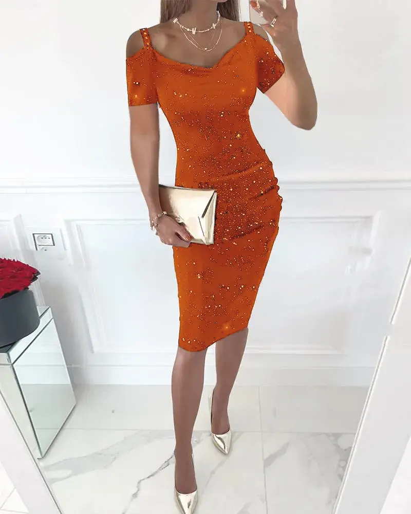 Bright Pink Off-Shoulder Diamond Strap Dress for Women — feature 7