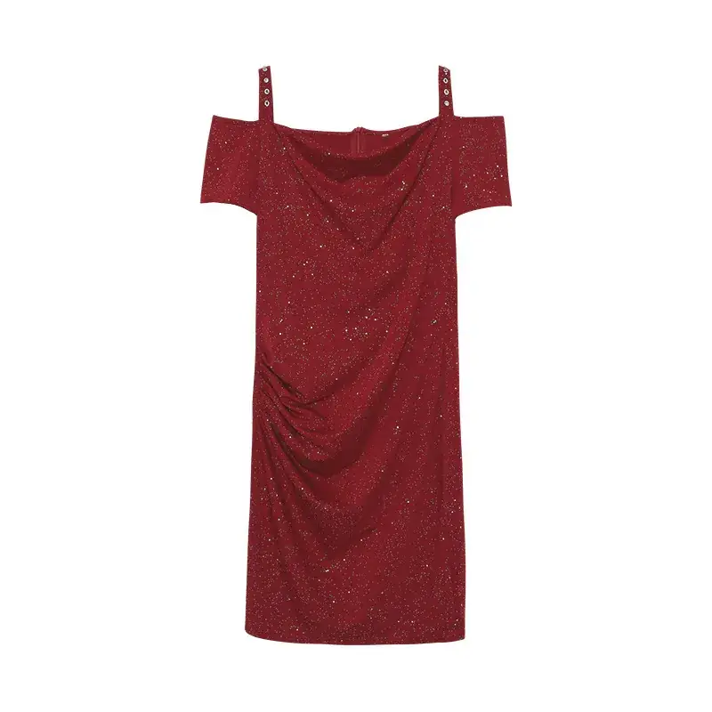 Bright Pink Off-Shoulder Diamond Strap Dress for Women - Image 3