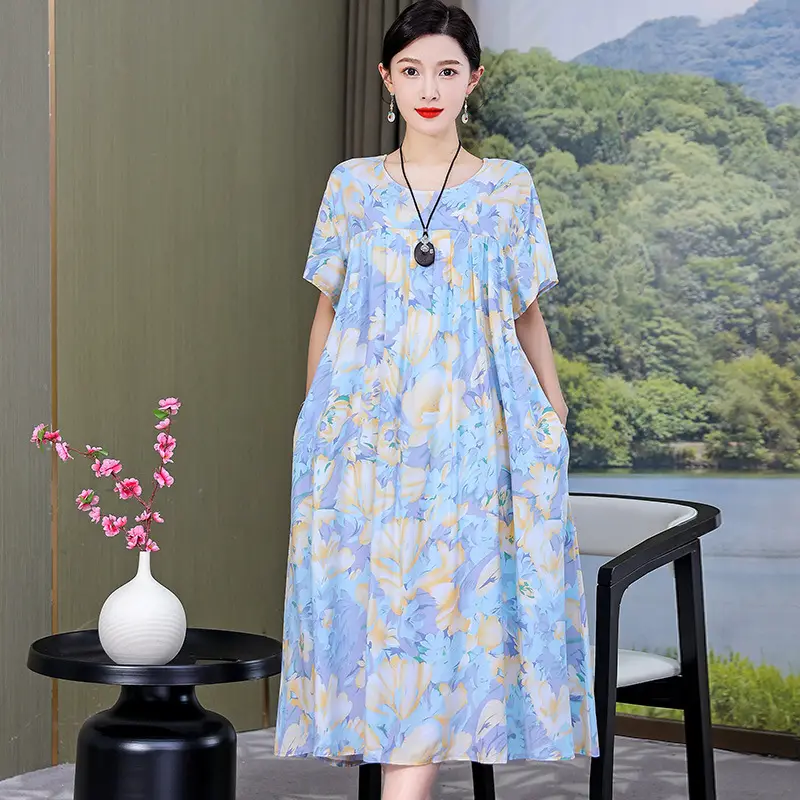 Women Cotton Silk Mid-Length Dress Purple - Image 3