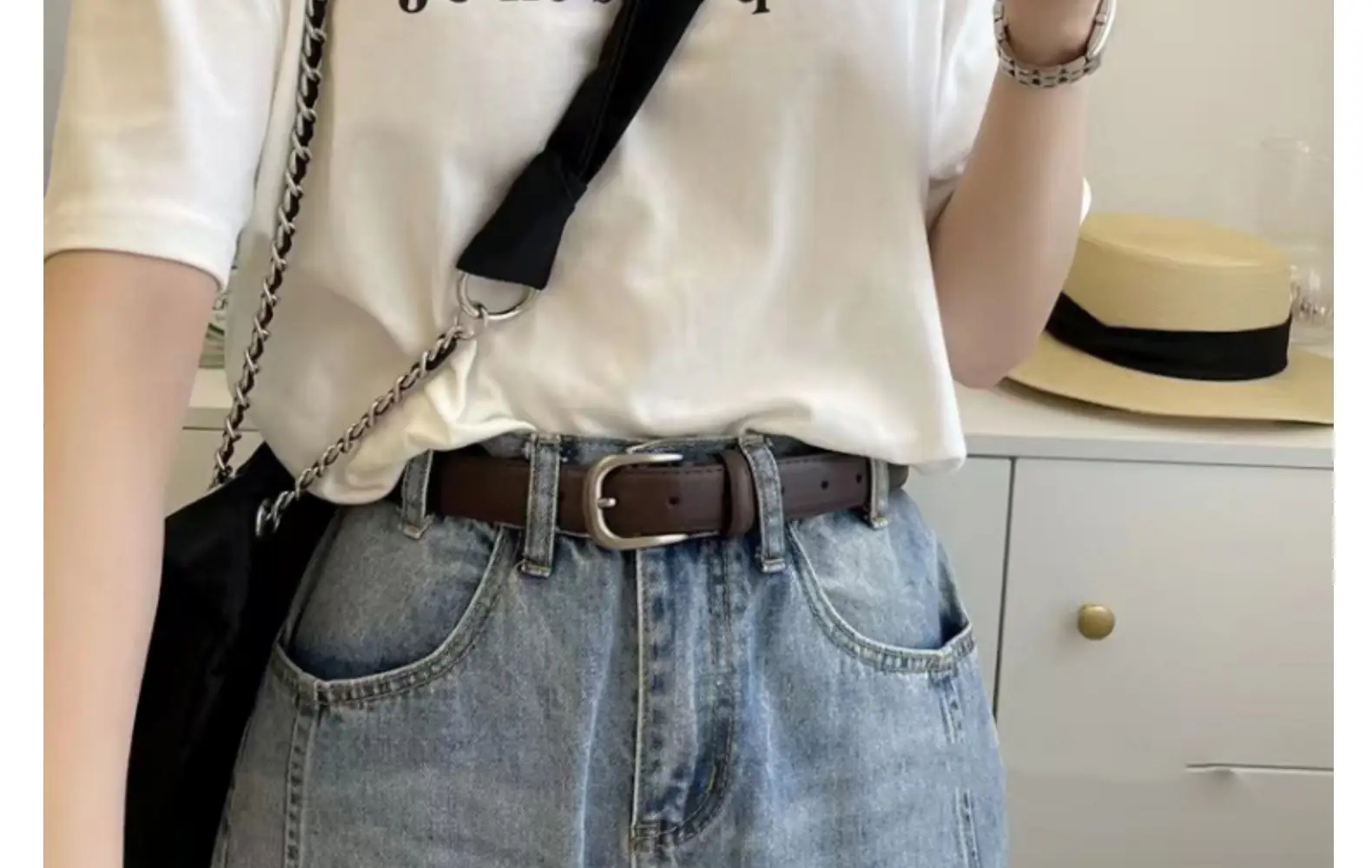 Women's Tanned Leather Belt Retro Style Black — feature 31