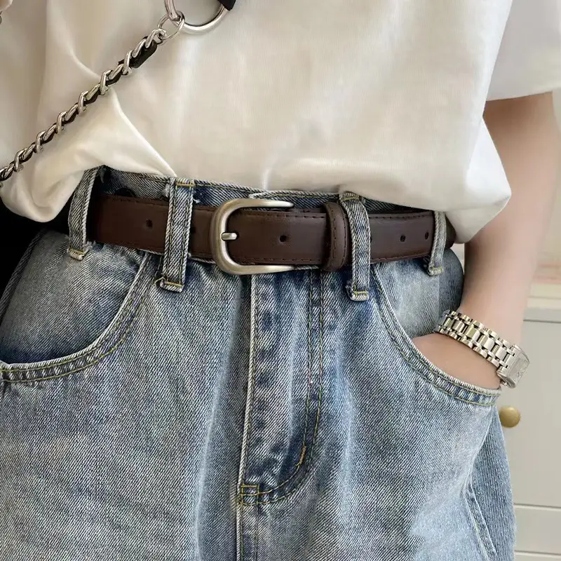 Women's Tanned Leather Belt Retro Style Black - Image 2