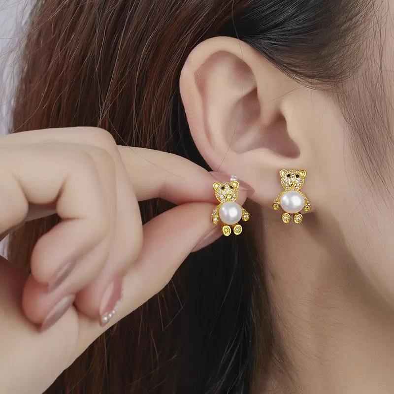 New Natural Freshwater Pearl Cartoon Bear Earrings - Image 3