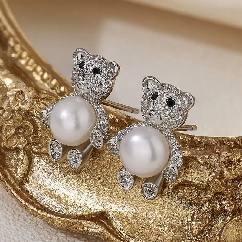 New Natural Freshwater Pearl Cartoon Bear Earrings - Image 4