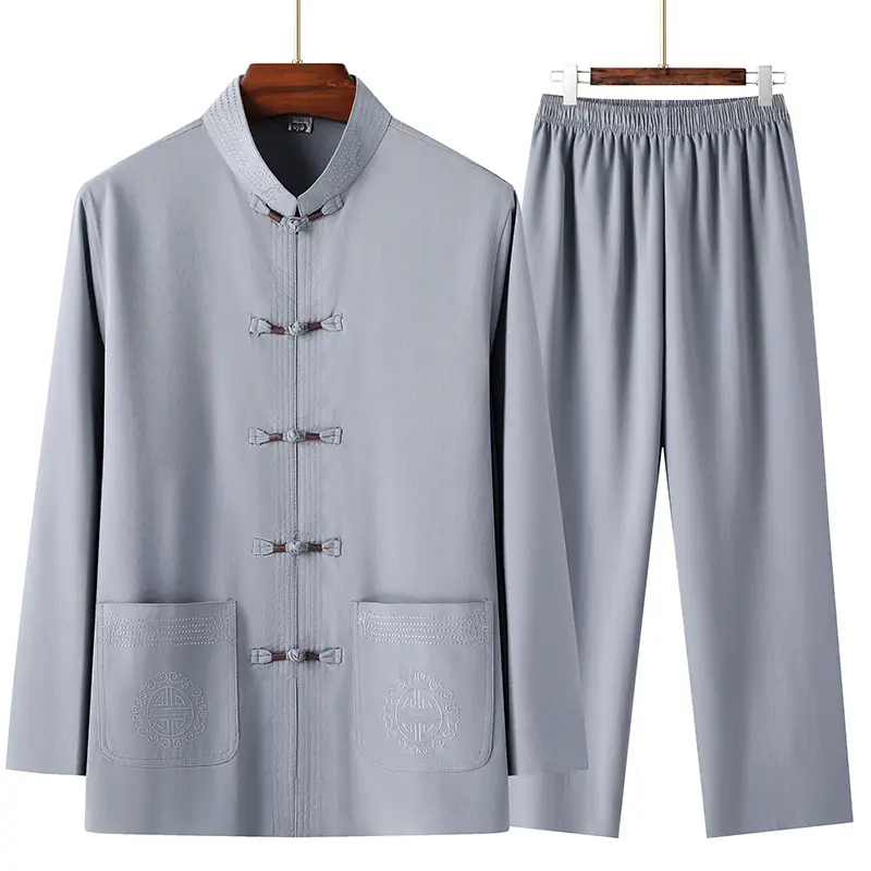 Men Chinese Style Ice Silk Suit Dark Blue Buttoned Hanfu - Image 10