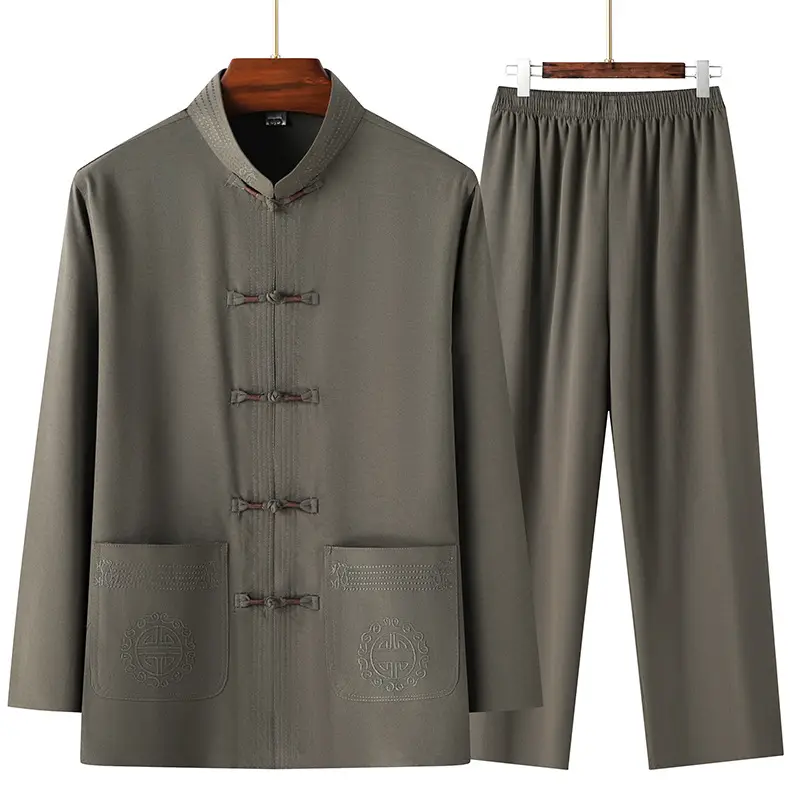 Men Chinese Style Ice Silk Suit Dark Blue Buttoned Hanfu - Image 12