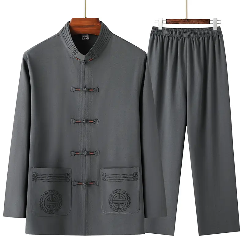 Men Chinese Style Ice Silk Suit Dark Blue Buttoned Hanfu - Image 13