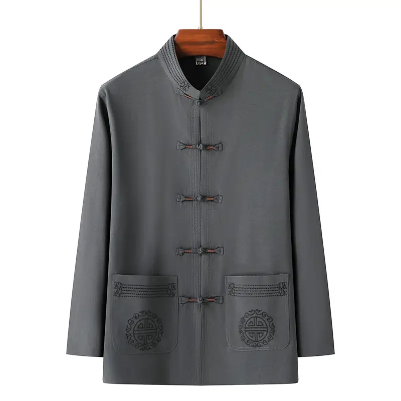 Men Chinese Style Ice Silk Suit Dark Blue Buttoned Hanfu - Image 2