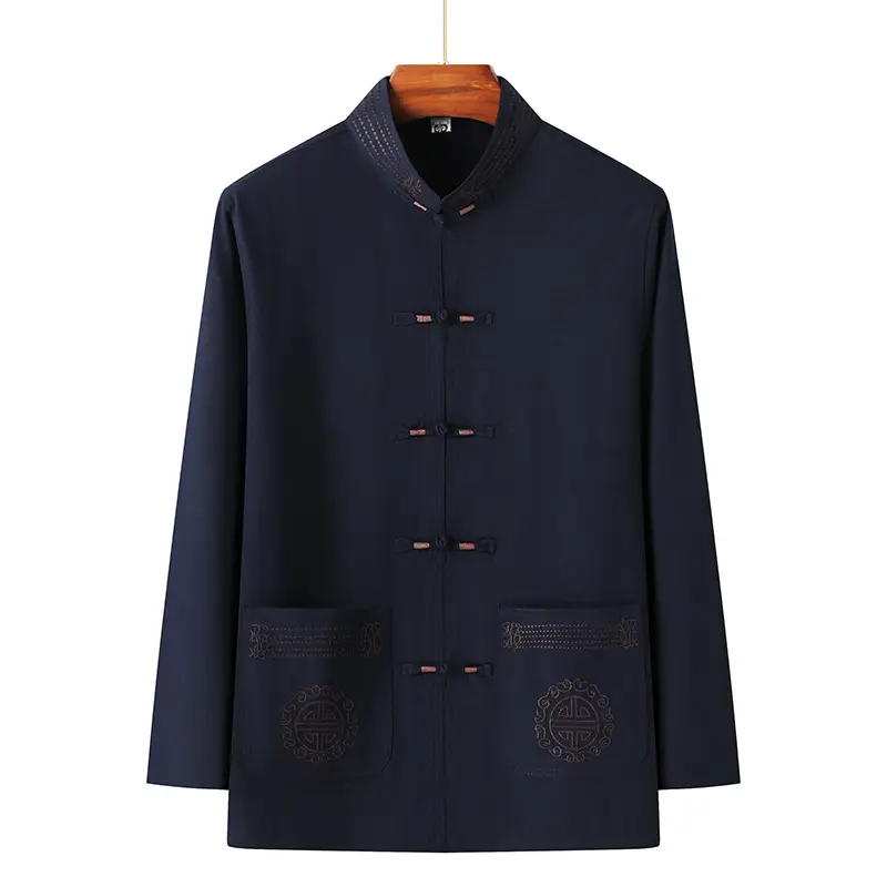 Men Chinese Style Ice Silk Suit Dark Blue Buttoned Hanfu - Image 3