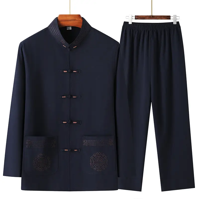 Men Chinese Style Ice Silk Suit Dark Blue Buttoned Hanfu - Image 7
