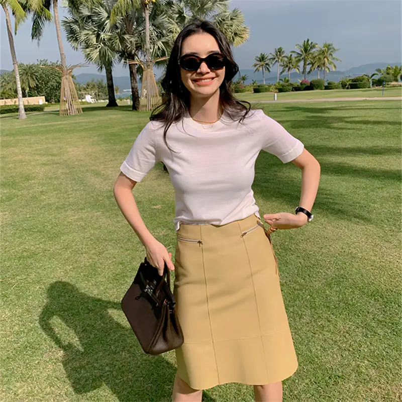 2024 Women's Wool Knitted T-Shirt Bottom Set