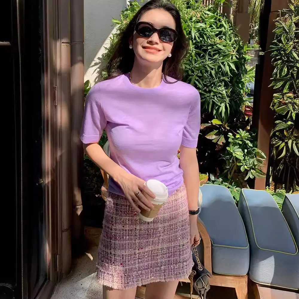 2024 Women's Wool Knitted T-Shirt Bottom Set