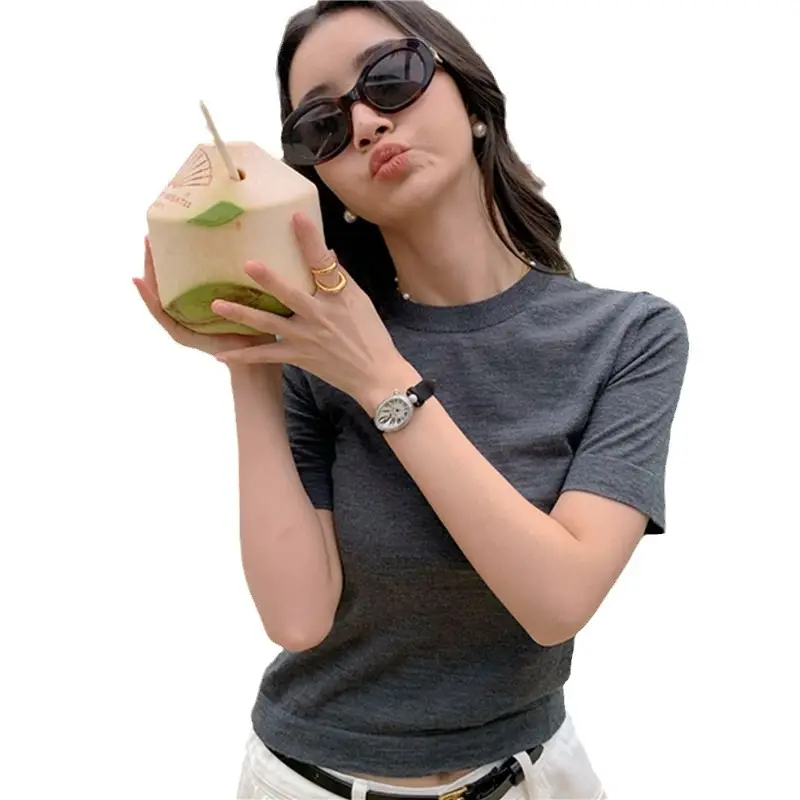 2024 Women's Wool Knitted T-Shirt Bottom Set