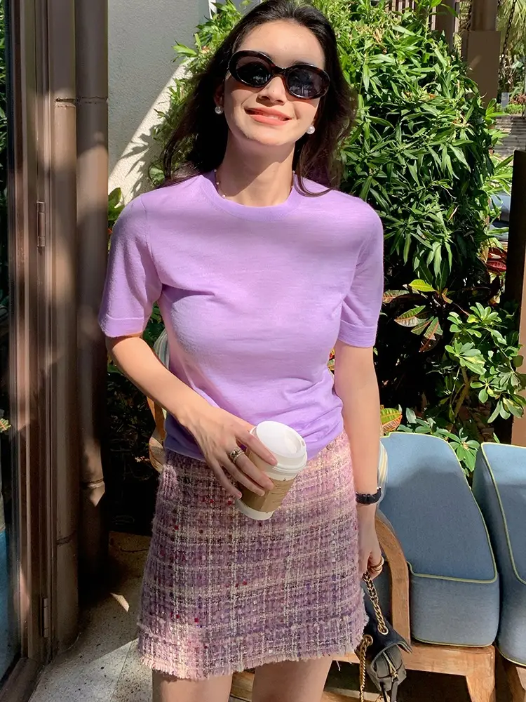 2024 Women's Wool Knitted T-Shirt Bottom Set