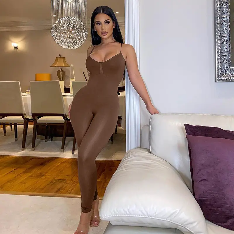 Women's Brown Solid Color Yoga Sports Jumpsuit - Image 3