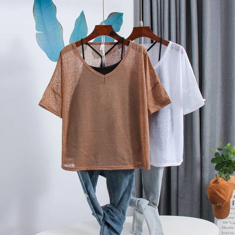 Plus Size V-Neck Printed Shorts Top Set Brown — feature 15