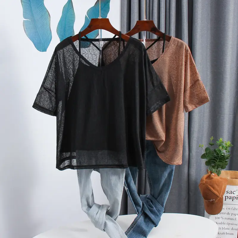 Plus Size V-Neck Printed Shorts Top Set Brown — feature 17