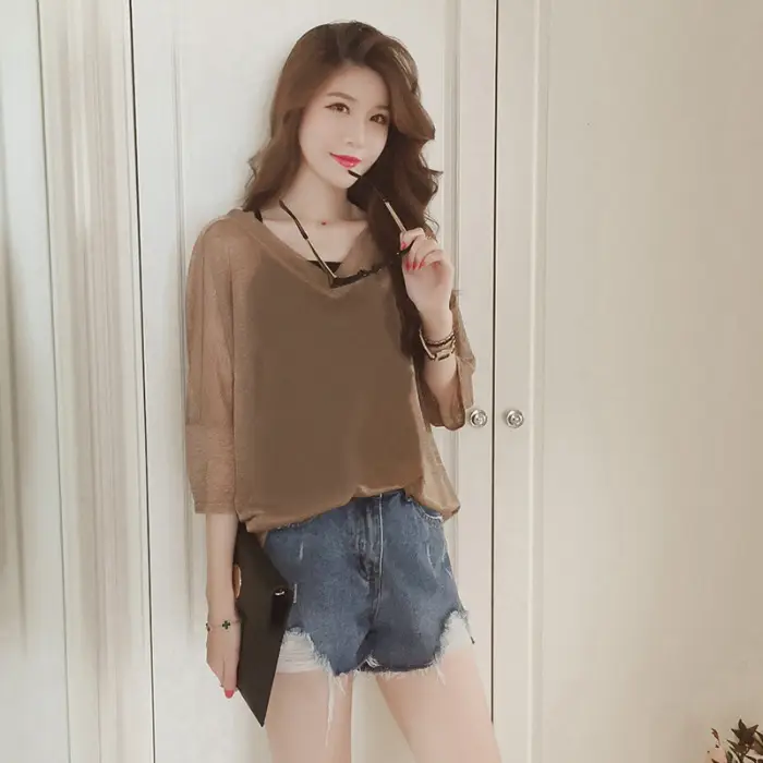 Plus Size V-Neck Printed Shorts Top Set Brown