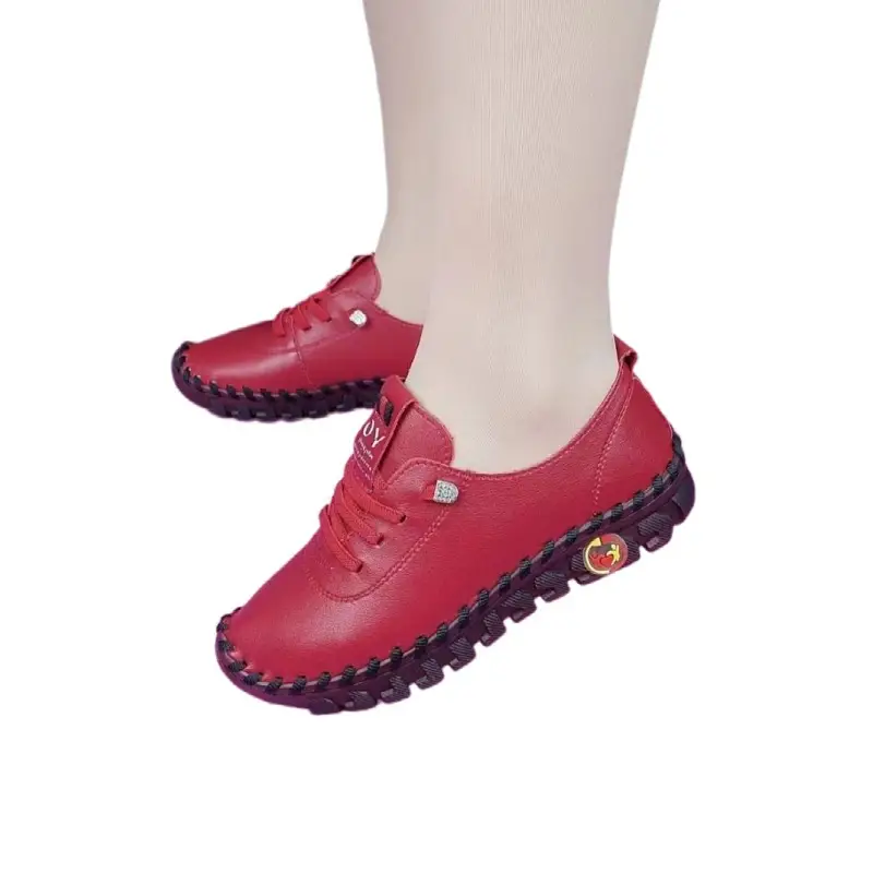 Soft Leather Single-layer Shoes Summer Comfortable Flat Lace-up Shoes for Moms Wide and Chubby Feet Beef Sole Soft Bottom Middle-aged Women's plus size Shoes - Image 9