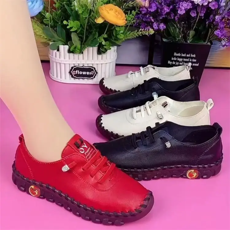 Soft Leather Single-layer Shoes Summer Comfortable Flat Lace-up Shoes for Moms Wide and Chubby Feet Beef Sole Soft Bottom Middle-aged Women's plus size Shoes — feature 3