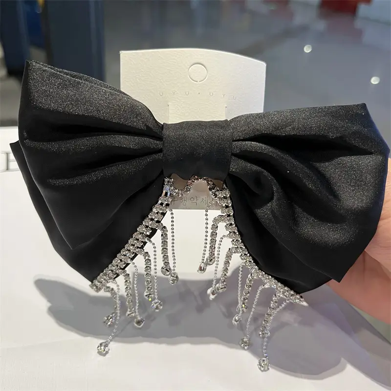 Elegant Satin Bow Head Clip with Crystal Dangles — feature 1