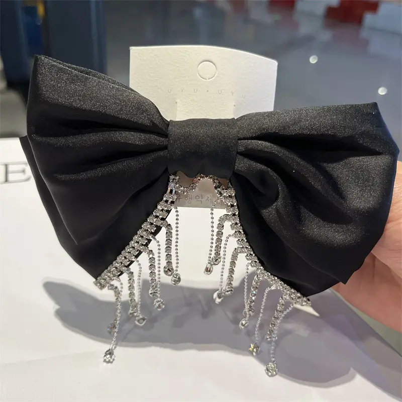 Elegant Satin Bow Head Clip with Crystal Dangles — feature 2