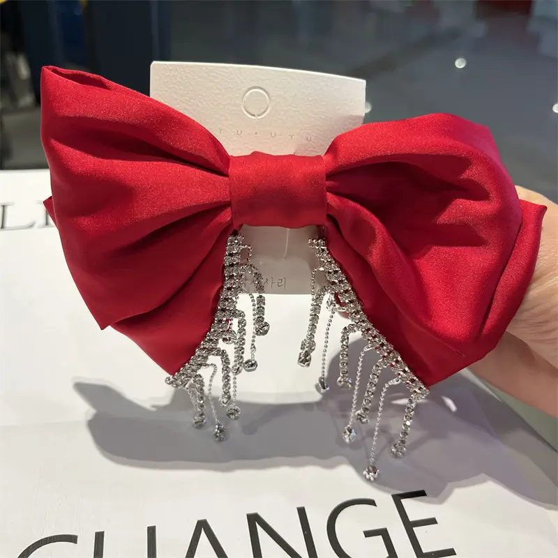 Elegant Satin Bow Head Clip with Crystal Dangles — feature 3