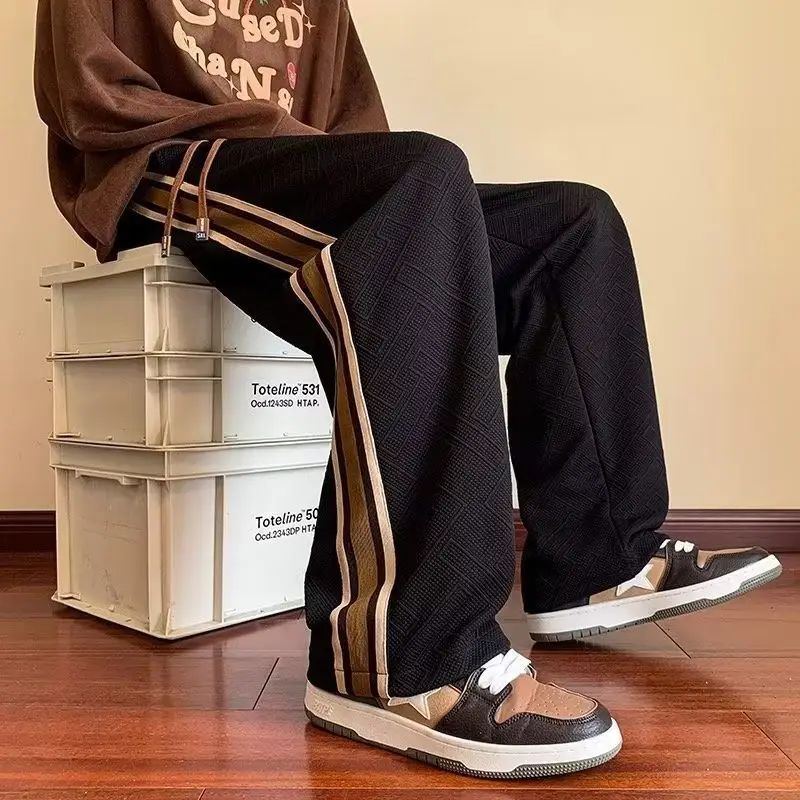 Men's Black Striped Loose Fit Straight Leg Pants - Image 3